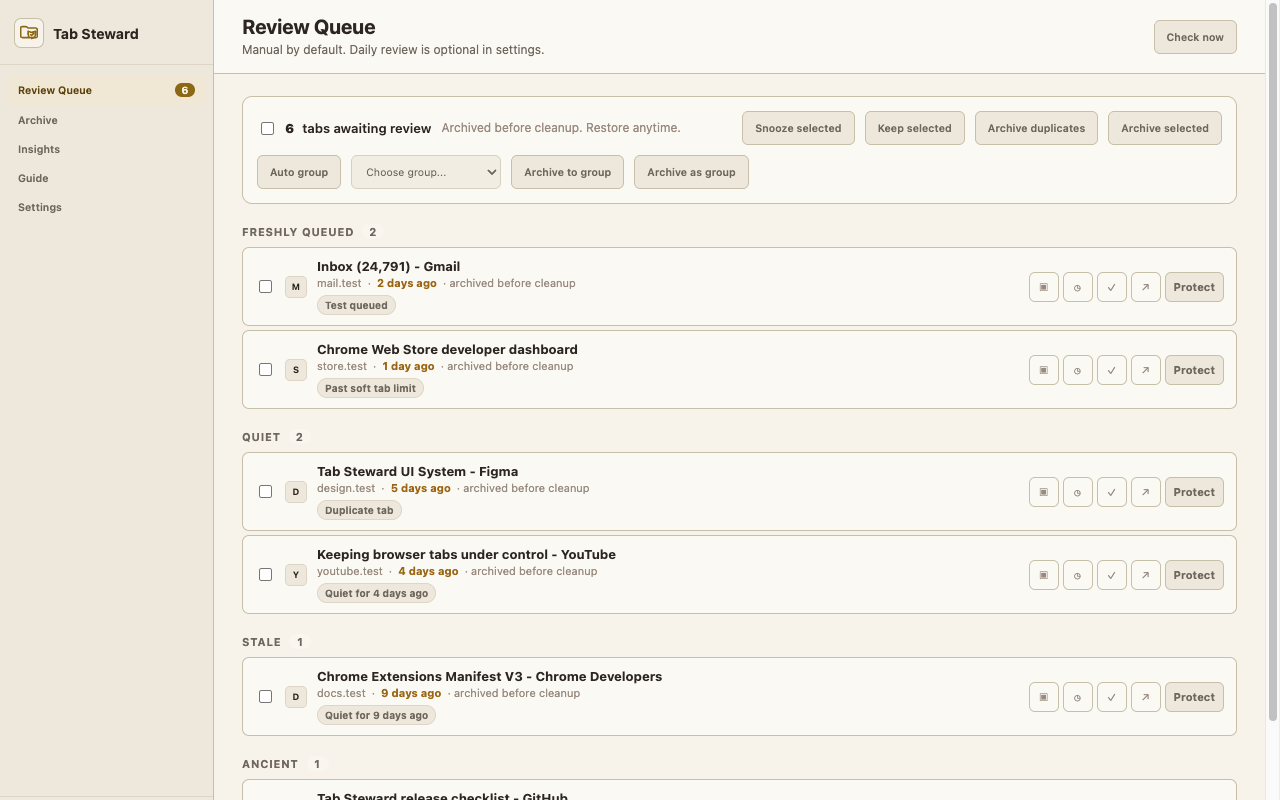 Tab Steward review queue &mdash; paper theme