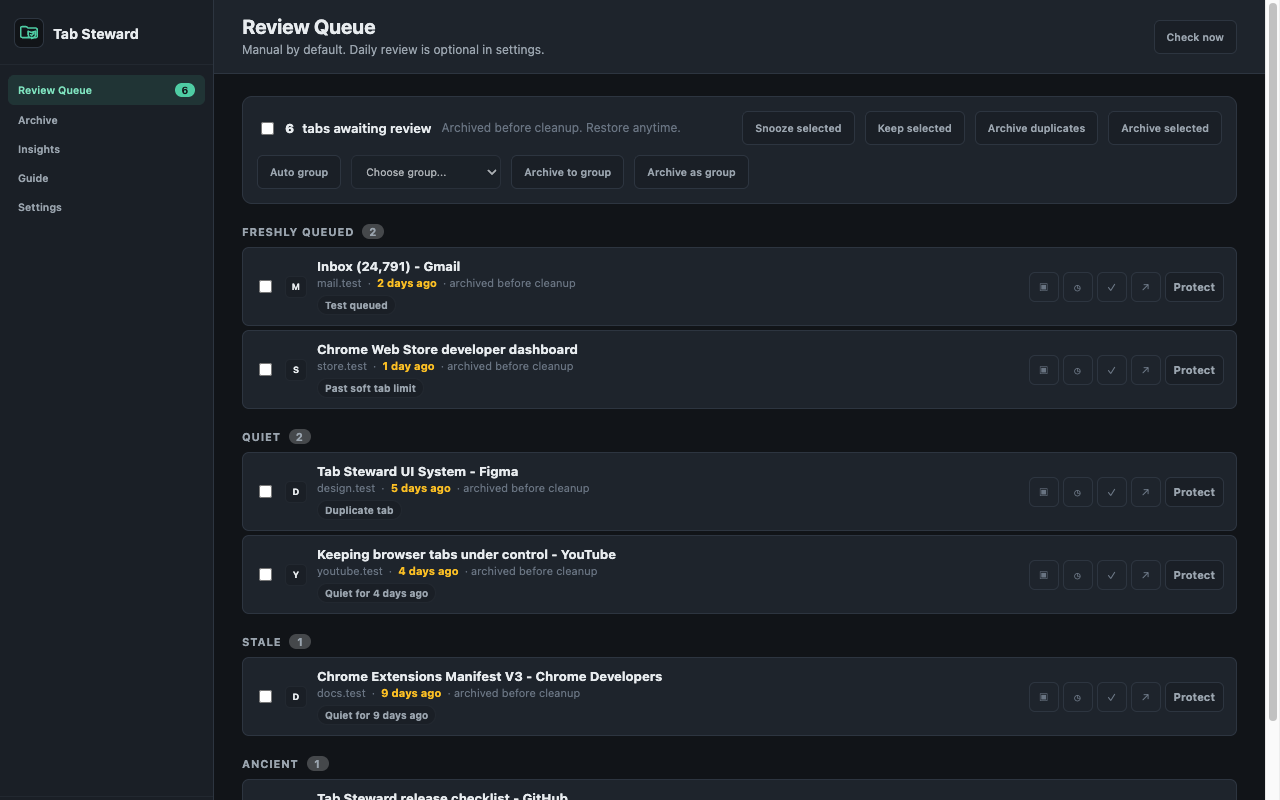 Tab Steward review queue &mdash; dark theme